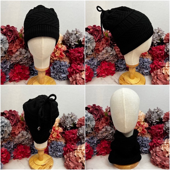 3 in 1 Fleece Lined Beanie Ring Scarf Ponytail Hat - Picture 9 of 16